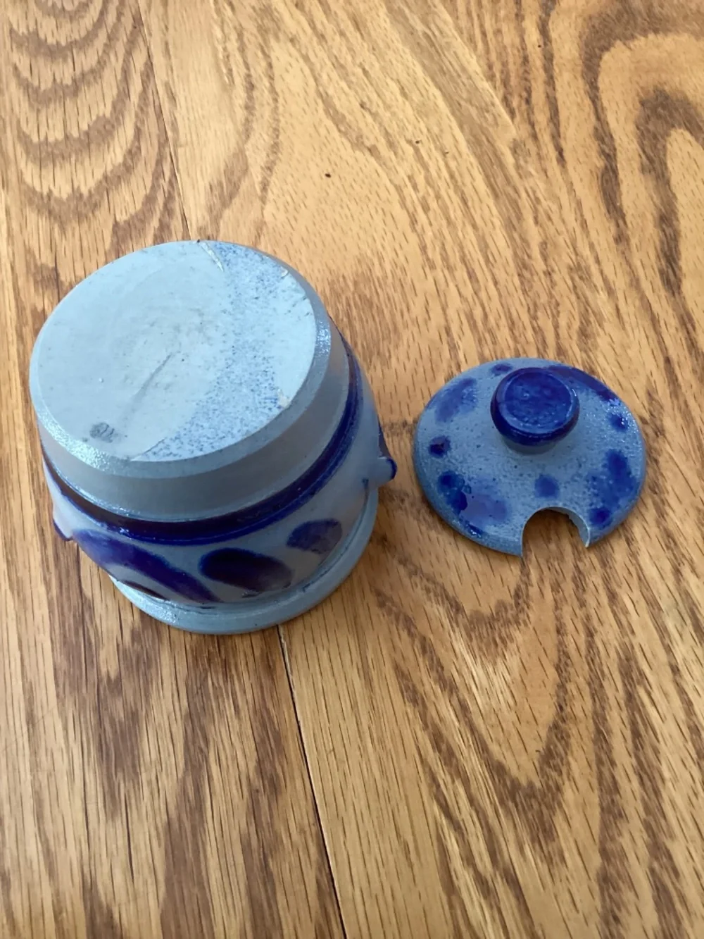 Handcrafted Salt Glazed Small Pottery Jar with Lid and Cobalt Blue Design